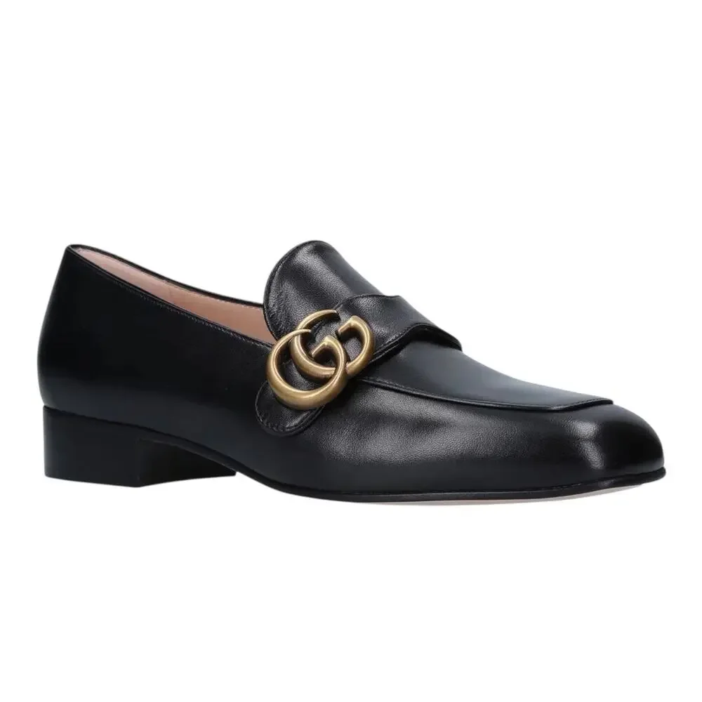 Gucci Double GG Logo Square Toe Slip On Leather Loafer Black Size 38 - Picture 2 of 16